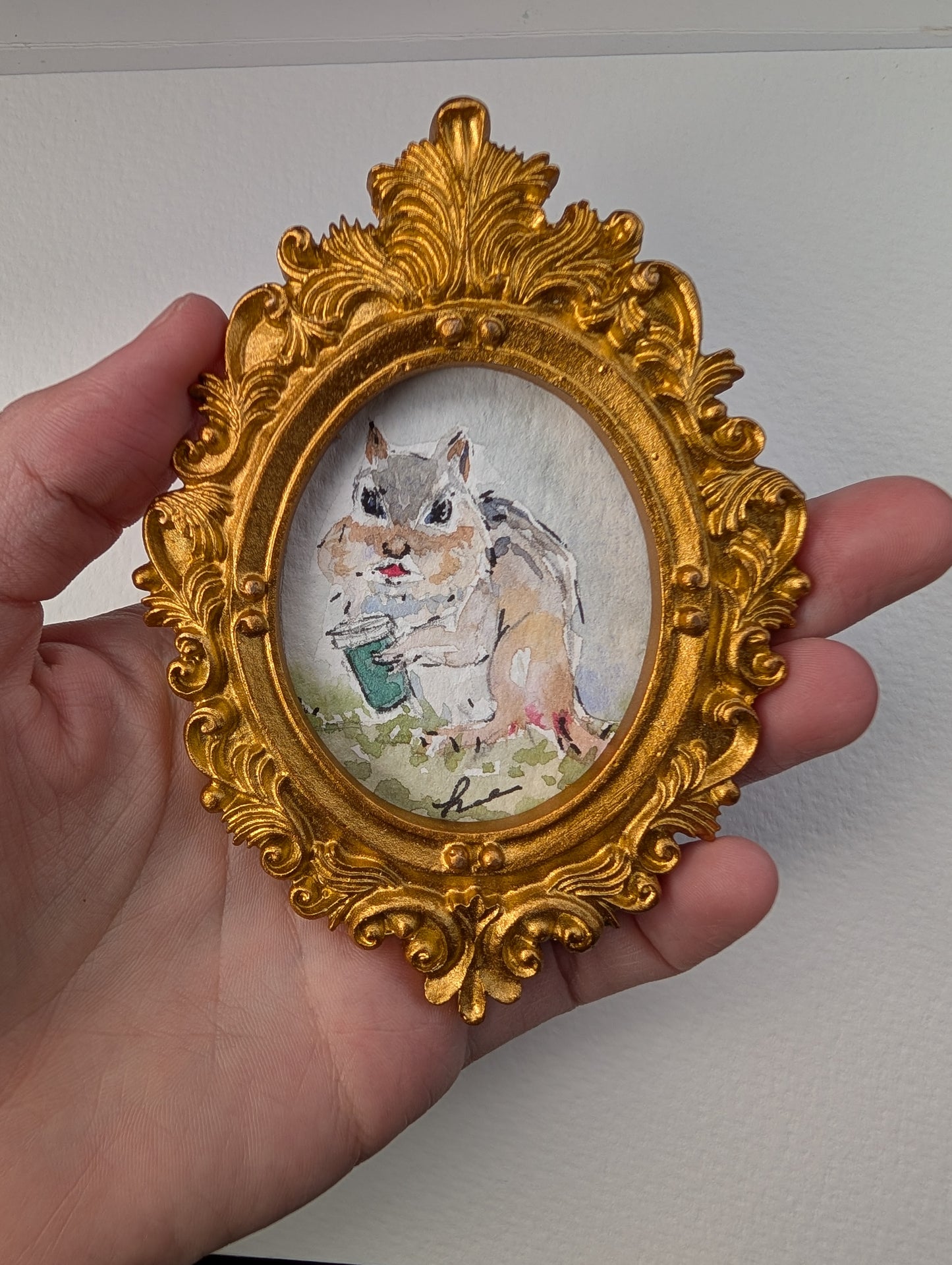 Mini Chipmunk with Coffee Painting - Original Watercolor Art by Lora Cavallin