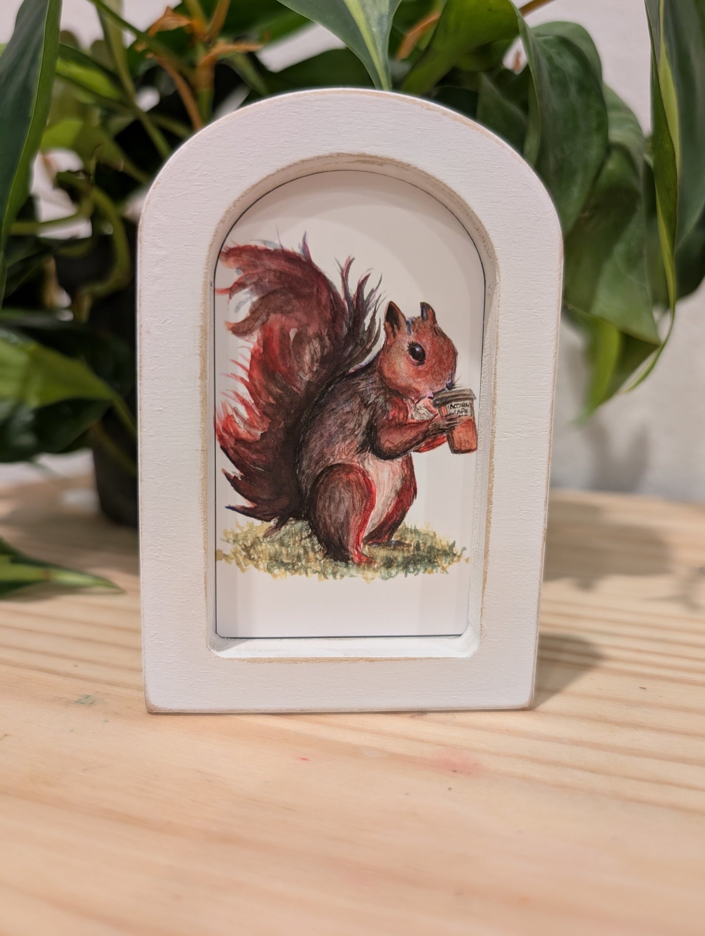 Mini Squirrel Drinking Coffee Art Print - Wood Arch Frame - Lora Cavallin Art