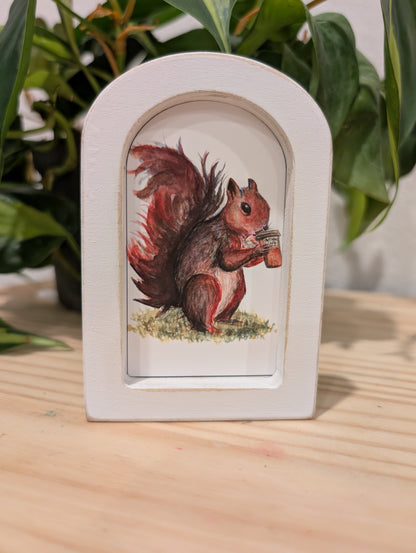 Mini Squirrel Drinking Coffee Art Print - Wood Arch Frame - Lora Cavallin Art