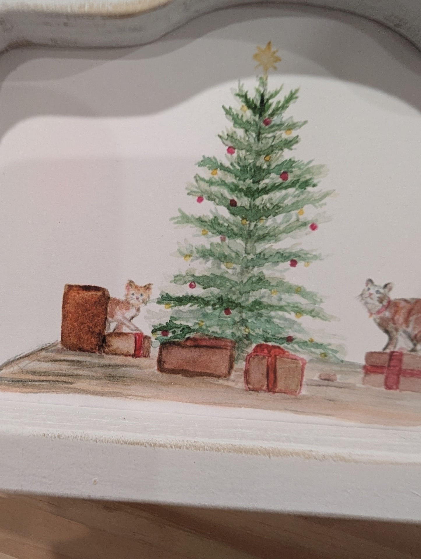 Mini Christmas Scene Cats and Presents Art Print - Wood Arch Frame - Lora Cavallin Art
