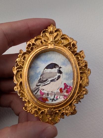 Mini Chickadee Bird Painting - Original Watercolor Art by Lora Cavallin