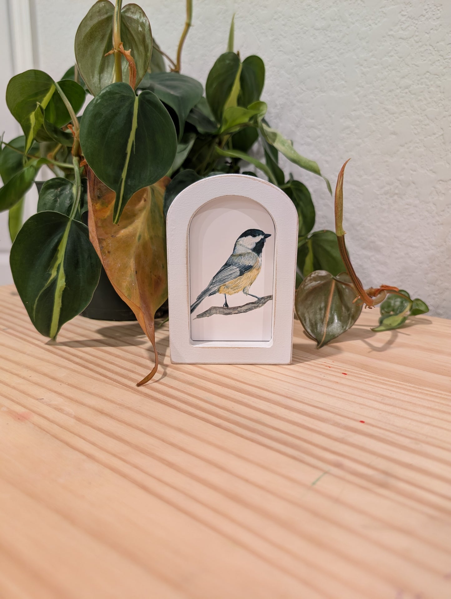 Mini Chickadee Bird Art Print - Wood Arch Frame - Lora Cavallin Art