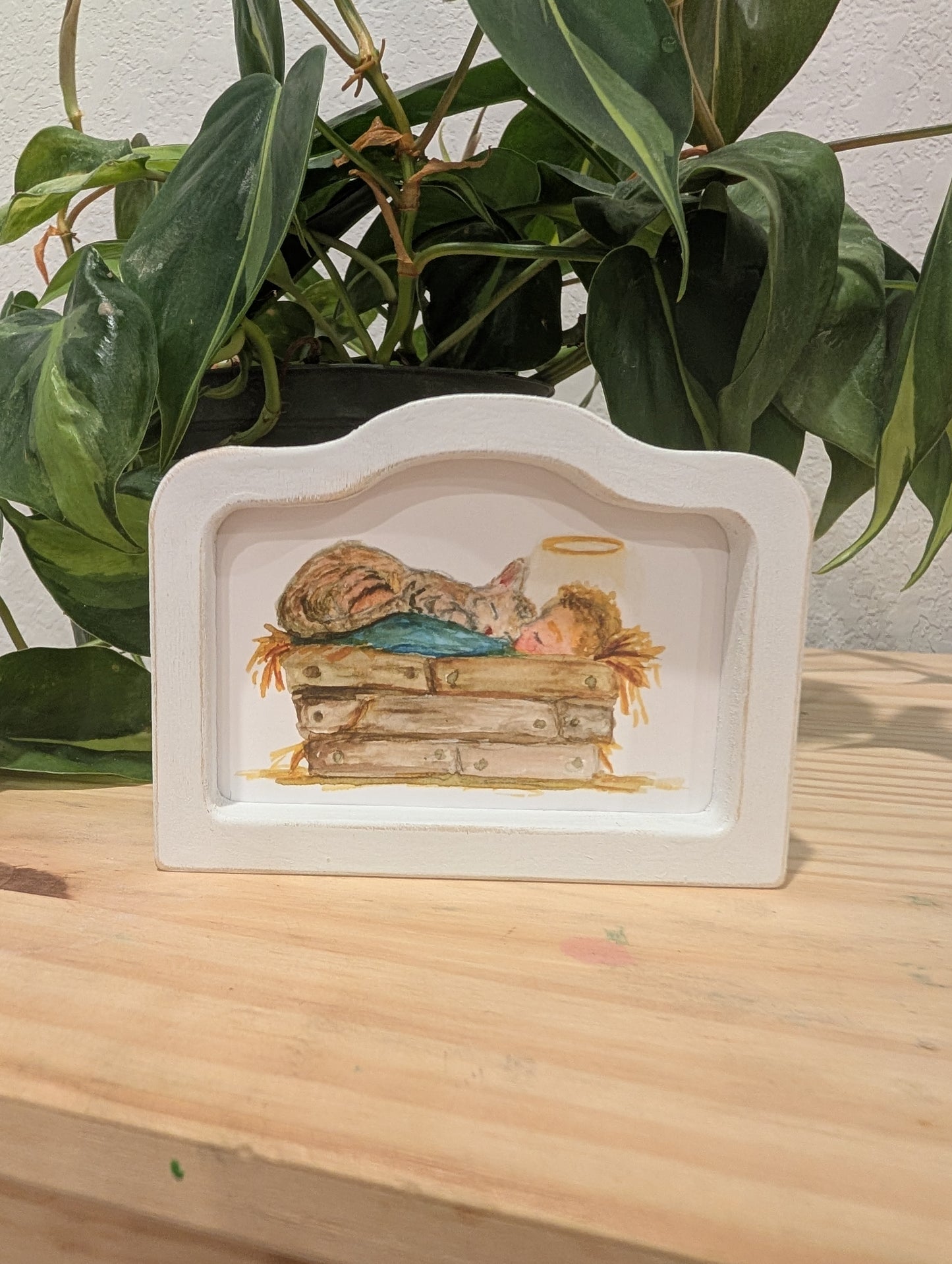 Mini Baby Jesus in Manger with Cat Art Print - Wood Arch Frame - Lora Cavallin Art