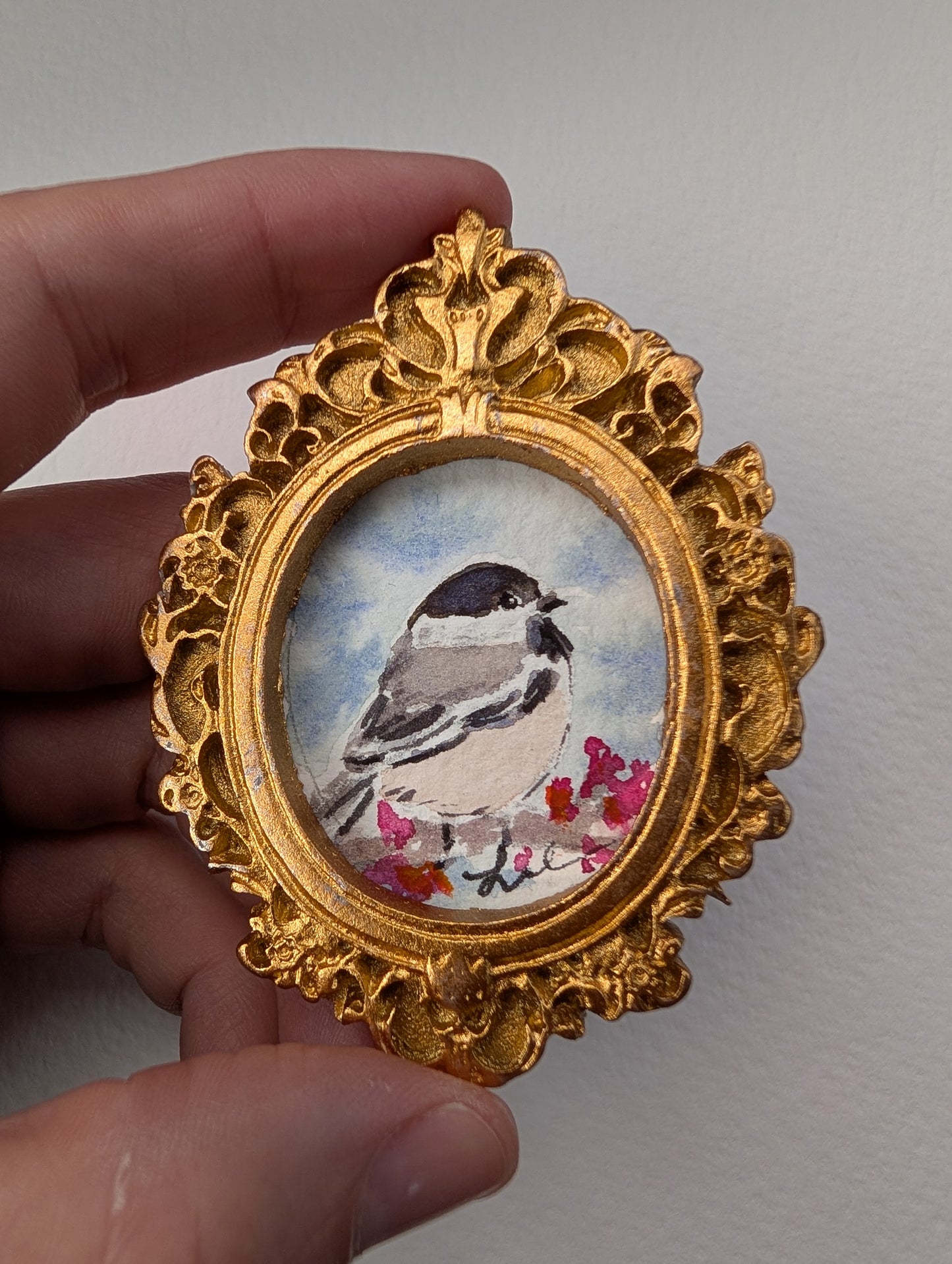 Mini Chickadee Bird Painting - Original Watercolor Art by Lora Cavallin