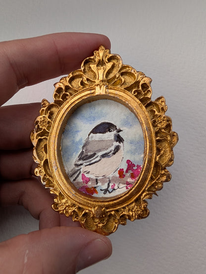 Mini Chickadee Bird Painting - Original Watercolor Art by Lora Cavallin