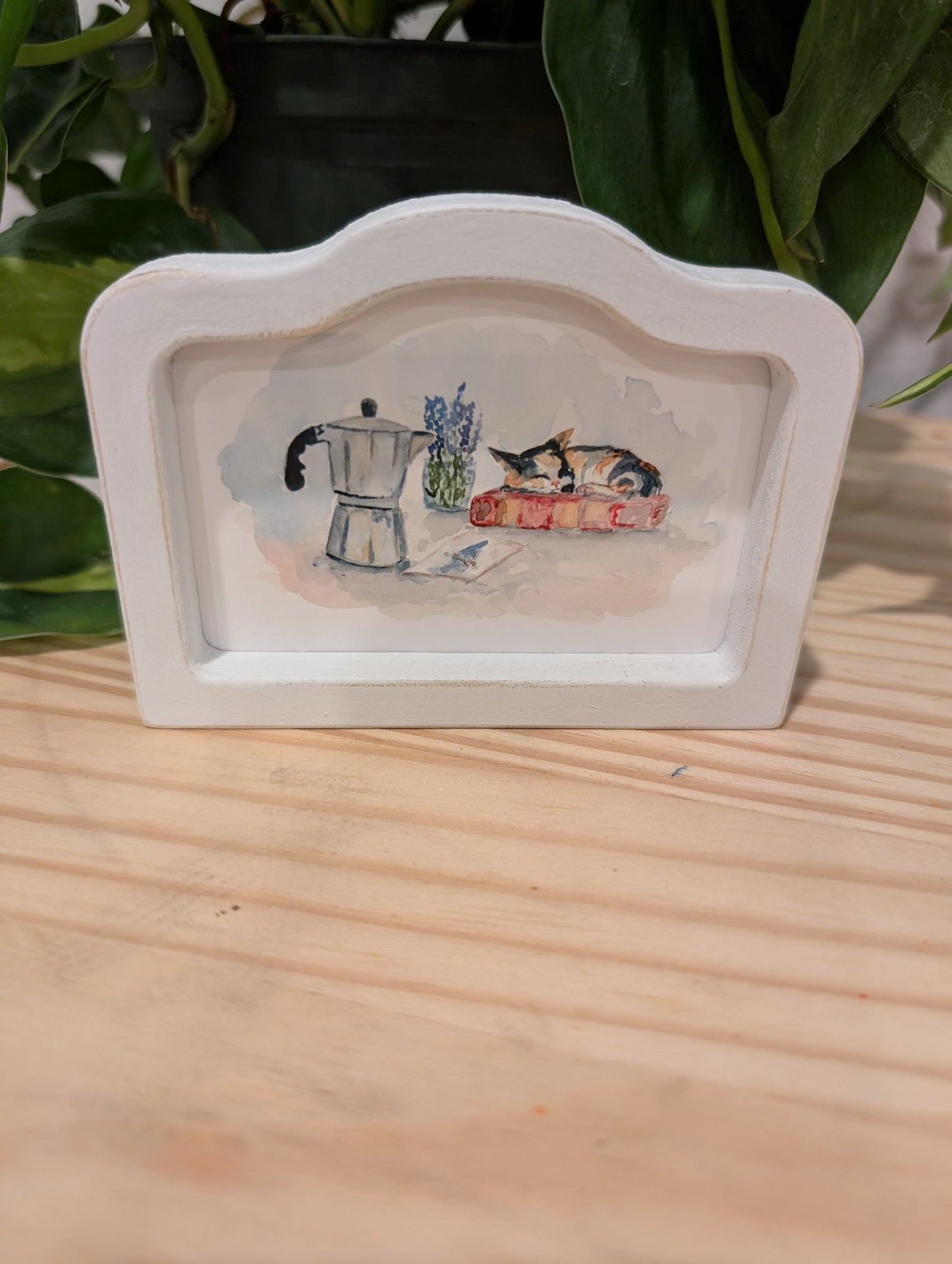 Mini Cat and Coffee Art Print - Wood Arch Frame - Lora Cavallin Art