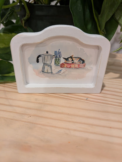 Mini Cat and Coffee Art Print - Wood Arch Frame - Lora Cavallin Art