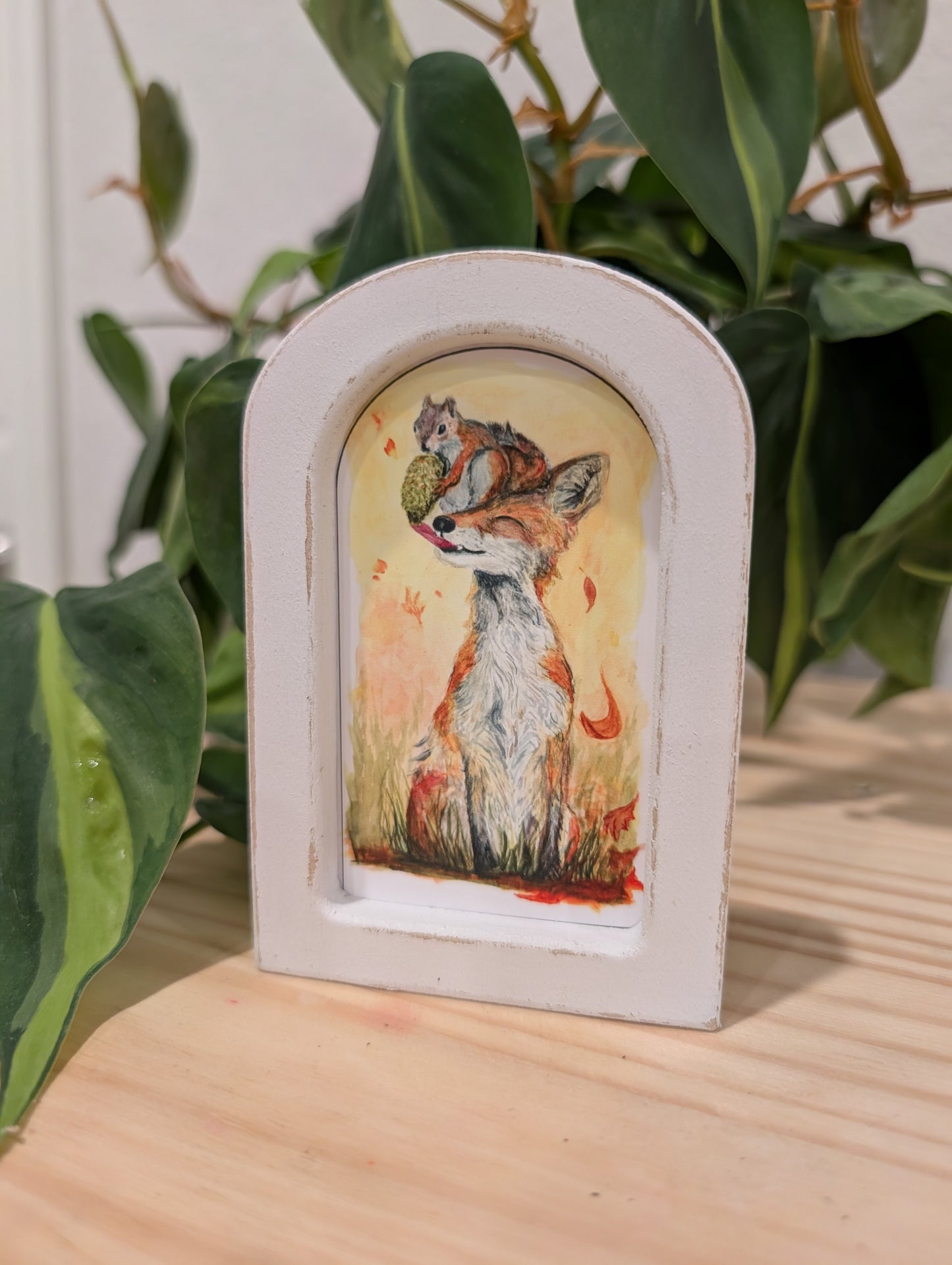 Mini Fox and Squirrel Art Print - Wood Arch Frame - Lora Cavallin Art