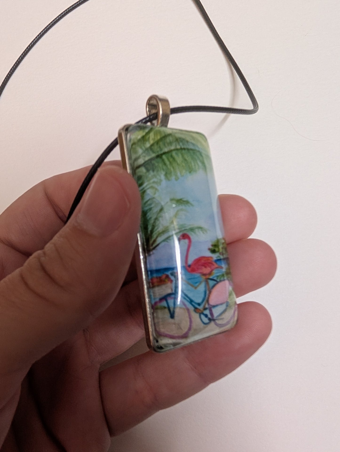 Flamingo on Bike Pendant Necklace - Lora Cavallin Art