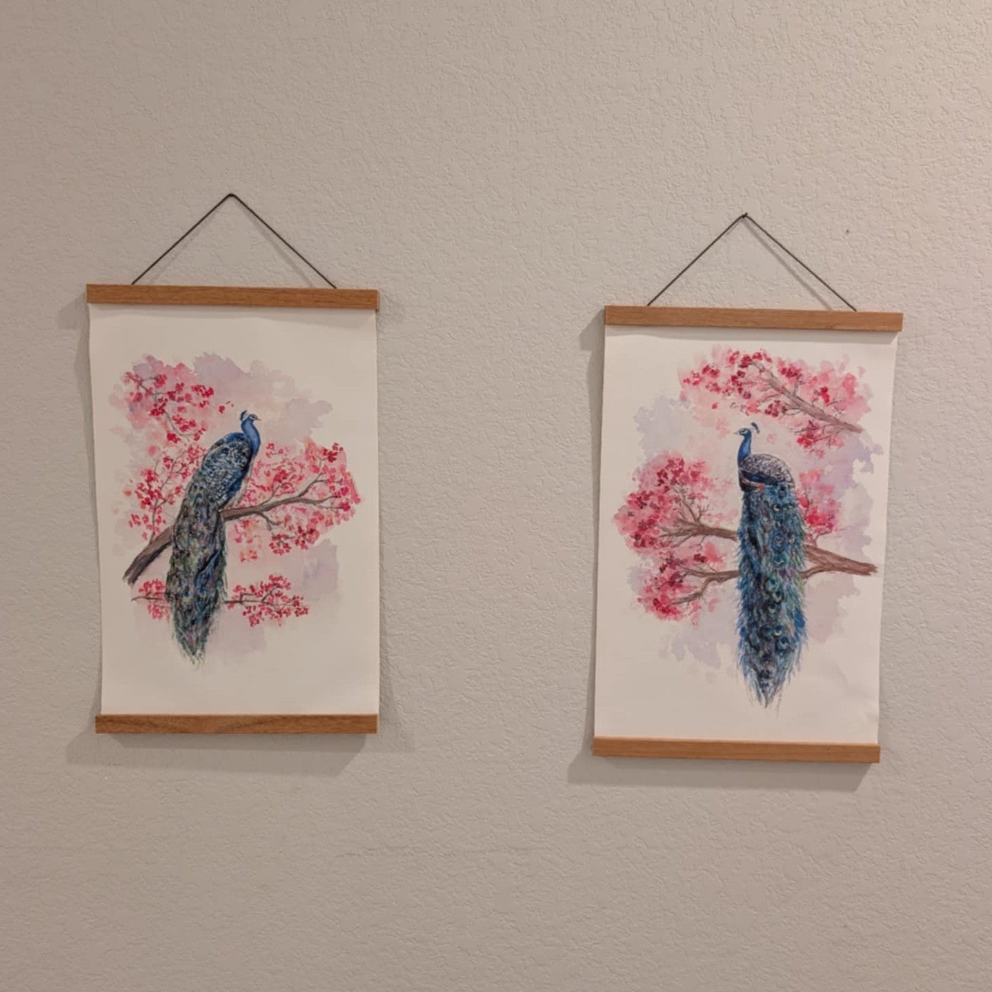 Pair Peacock Art Prints - Canvas Prints - With Hanging Poster Frames - 11" wide x 17" tall