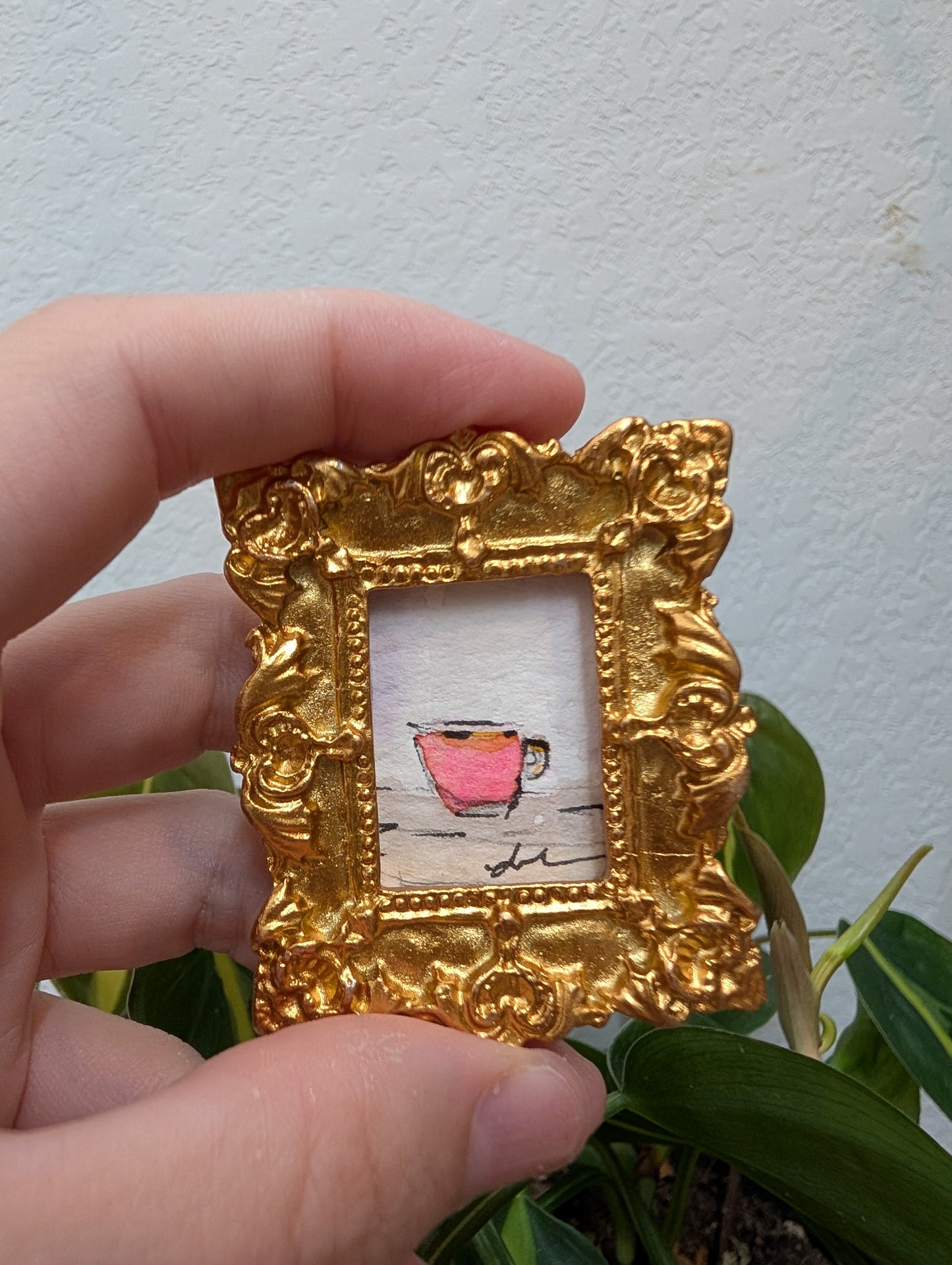 Mini Pink Coffee Mug Painting - Original Watercolor Art by Lora Cavallin