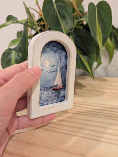 Mini Sailboat at Night Art Print - Wood Arch Frame - Lora Cavallin Art