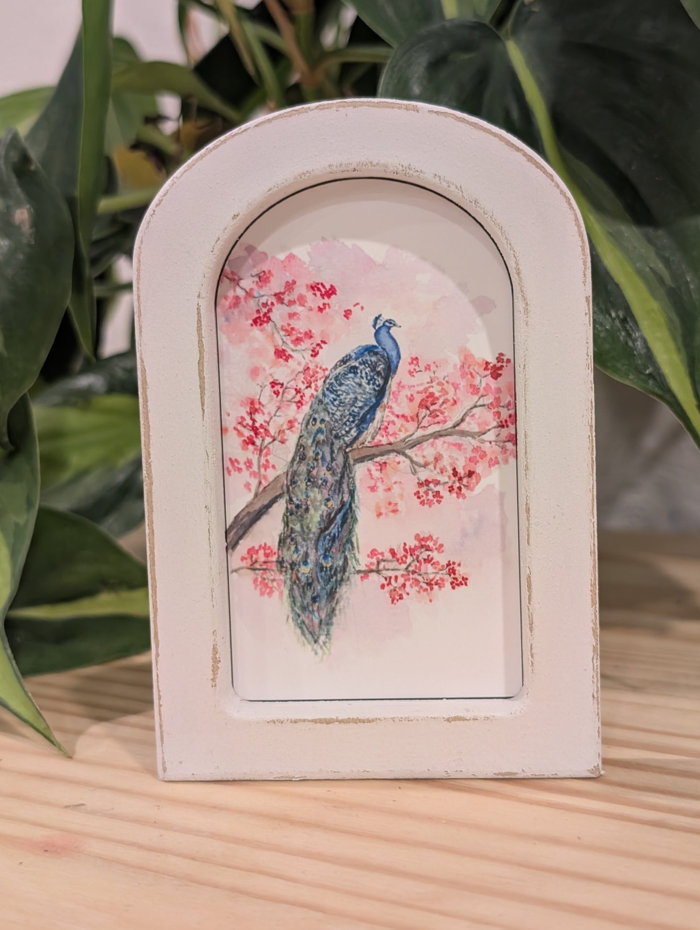Mini Peacock Art Print - Wood Arch Frame - Lora Cavallin Art