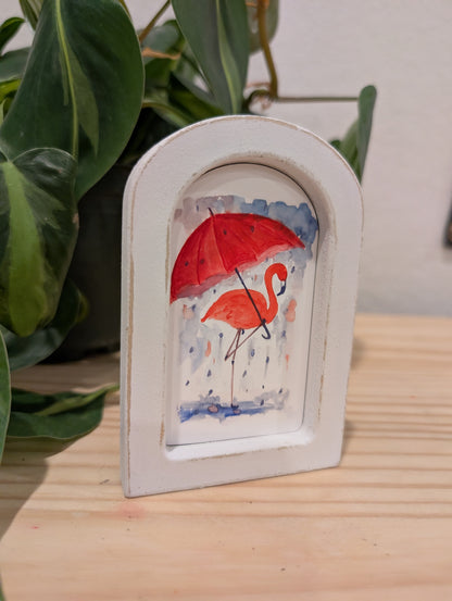 Mini Flamingo with Umbrella Art Print - Wood Arch Frame - Lora Cavallin Art