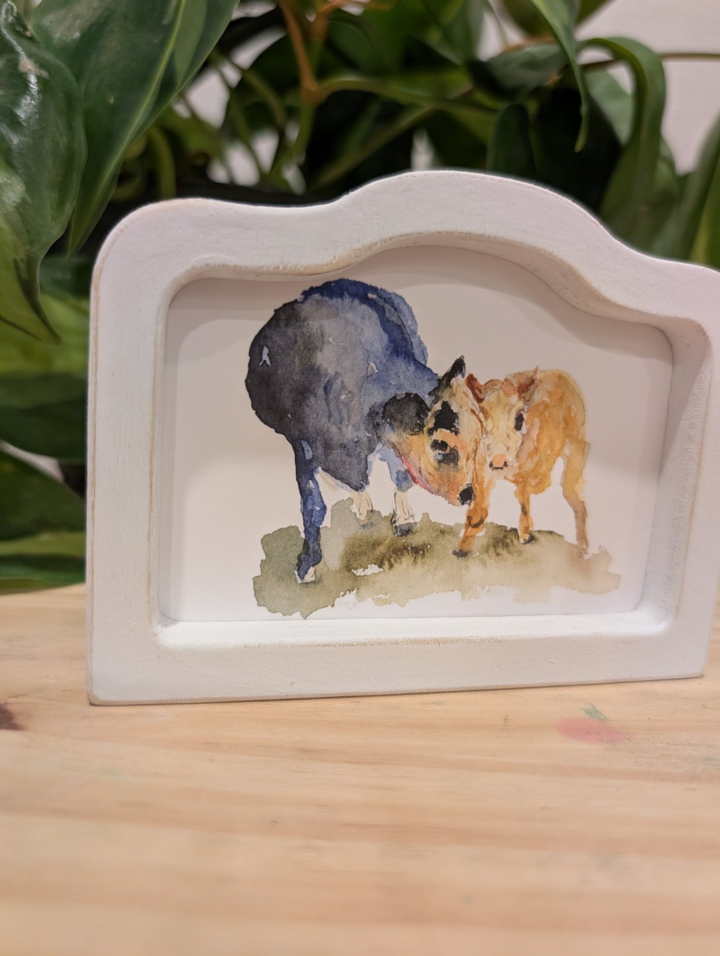 Mini Mama and Baby Cow Art Print - Wood Arch Frame - Lora Cavallin Art