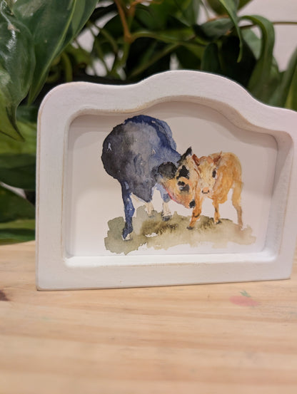 Mini Mama and Baby Cow Art Print - Wood Arch Frame - Lora Cavallin Art