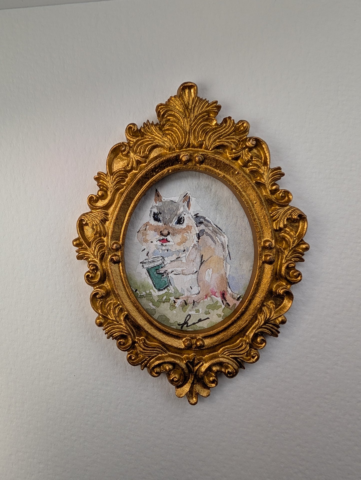 Mini Chipmunk with Coffee Painting - Original Watercolor Art by Lora Cavallin