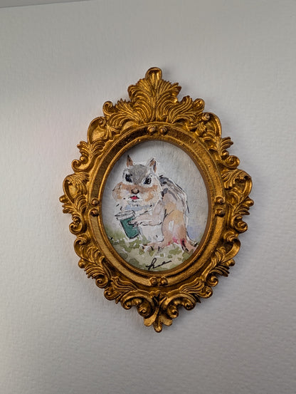 Mini Chipmunk with Coffee Painting - Original Watercolor Art by Lora Cavallin