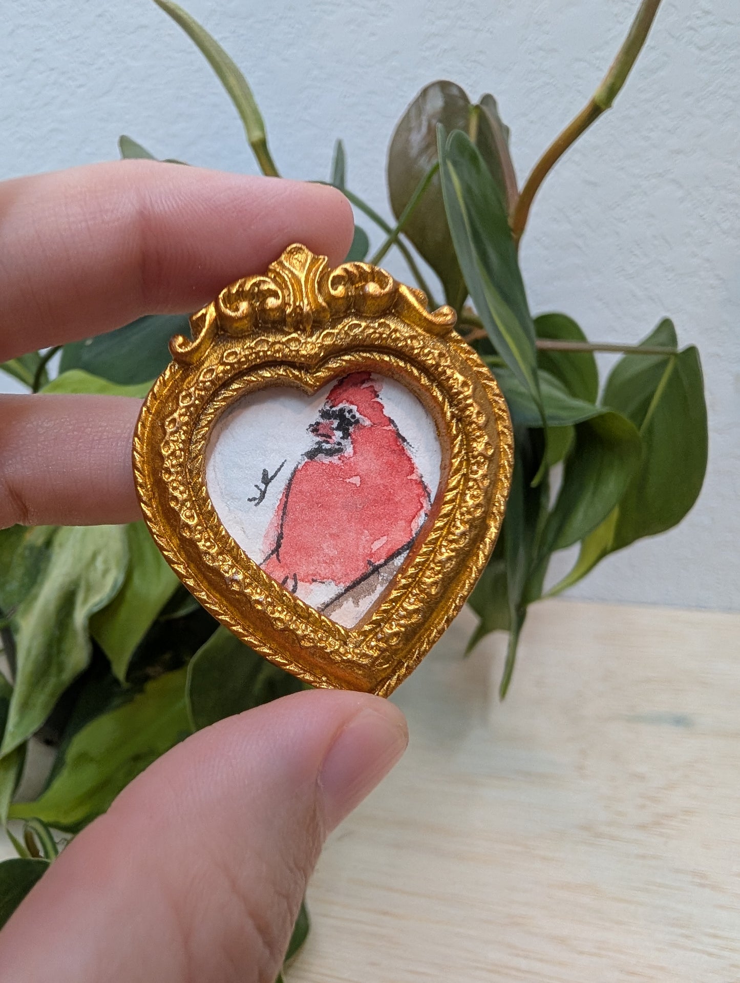 Mini Cardinal Bird Painting - Original Watercolor Art by Lora Cavallin