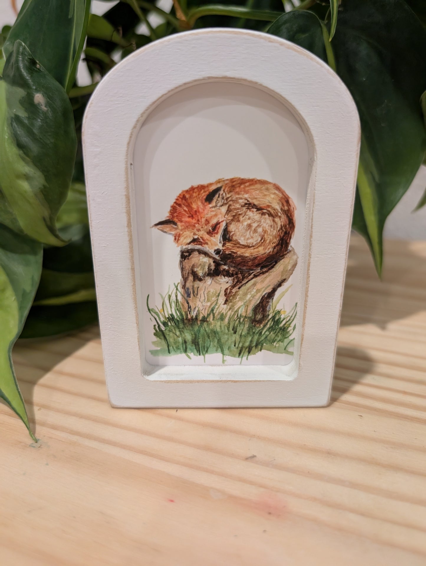 Mini Sleeping Fox Art Print - Wood Arch Frame - Lora Cavallin Art
