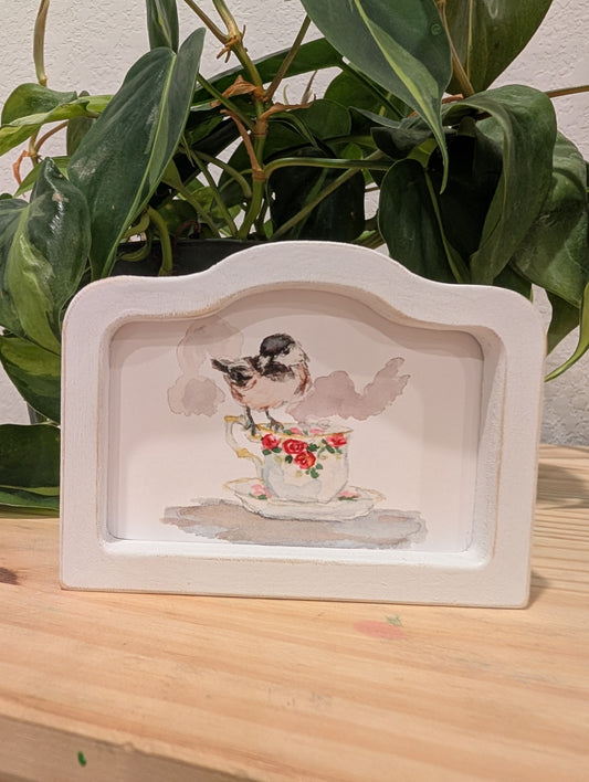 Mini Chickadee Bird Art Print - Wood Arch Frame - Lora Cavallin Art