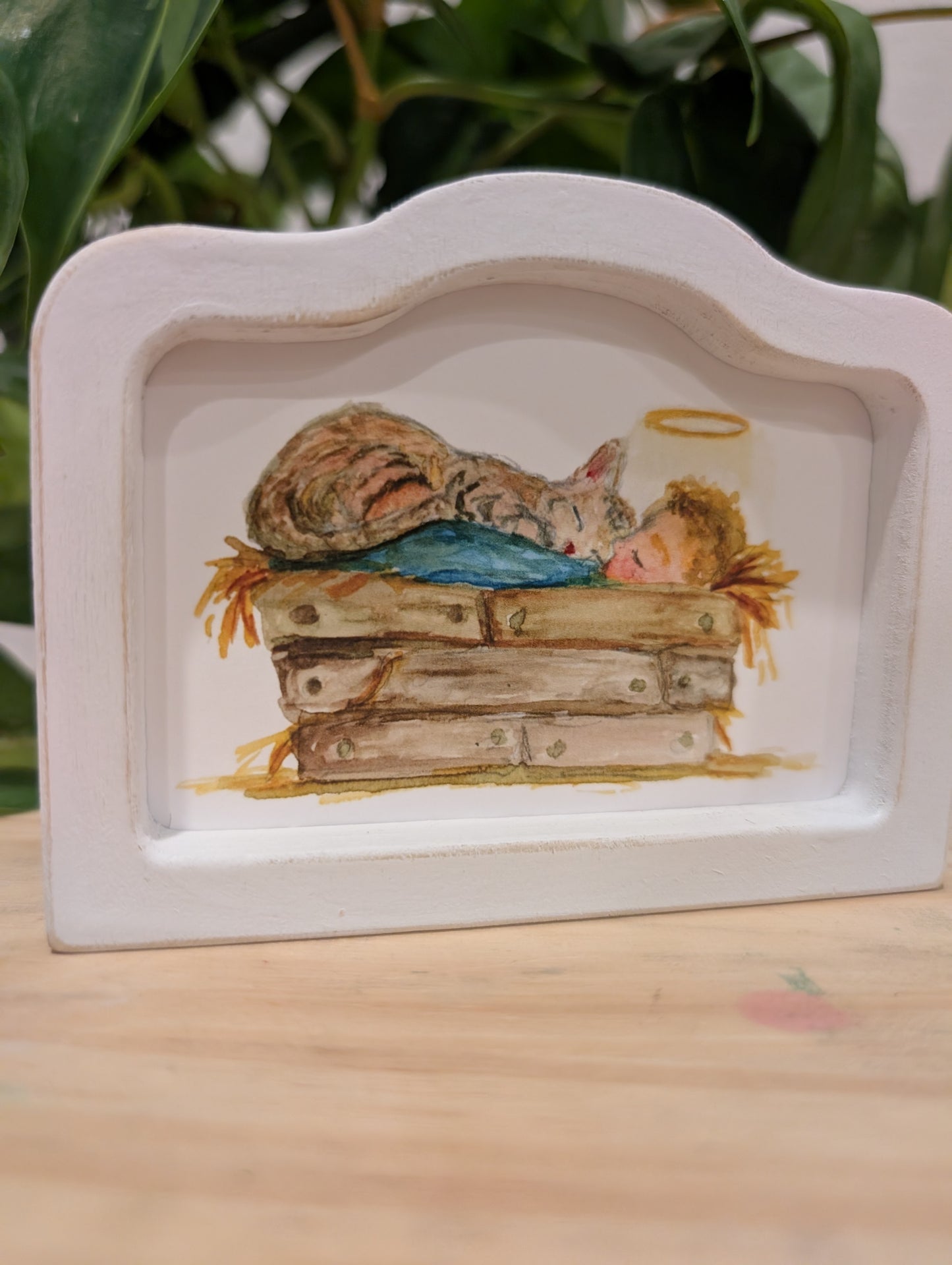 Mini Baby Jesus in Manger with Cat Art Print - Wood Arch Frame - Lora Cavallin Art