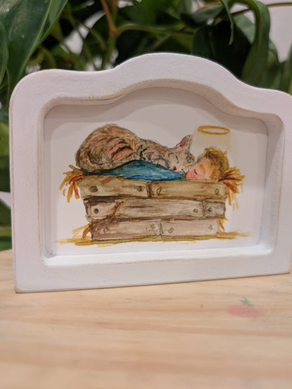 Mini Baby Jesus in Manger with Cat Art Print - Wood Arch Frame - Lora Cavallin Art