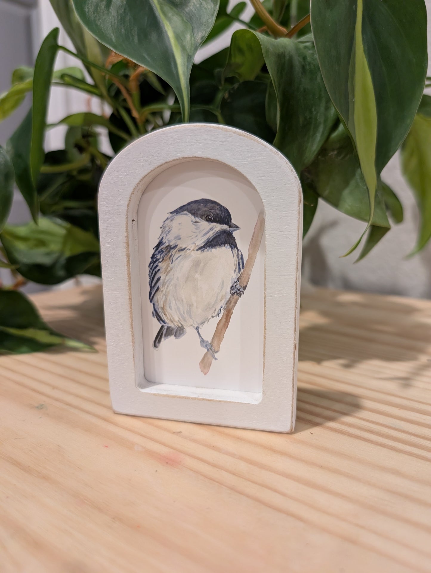 Mini Chickadee Bird Art Print - Wood Arch Frame - Lora Cavallin Art