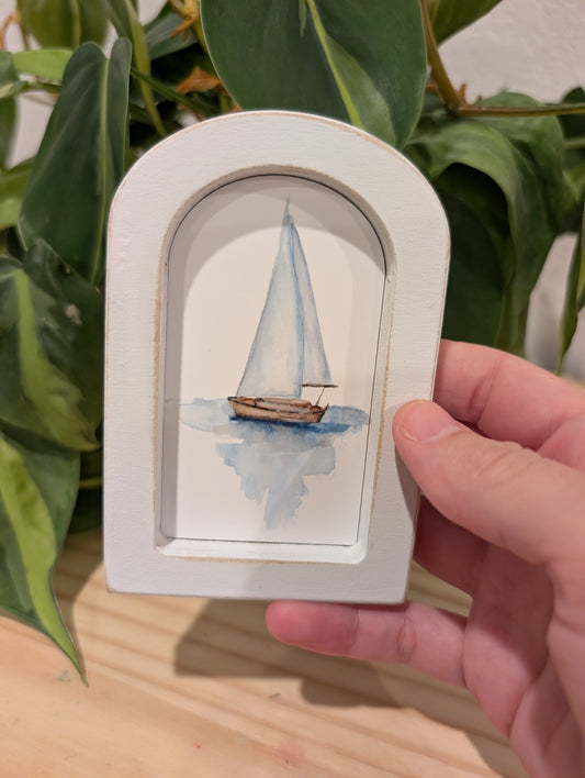 Mini Sailboat Art Print - Wood Arch Frame - Lora Cavallin Art