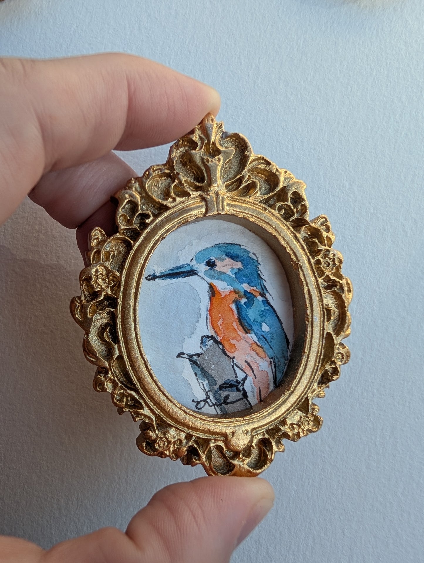 Mini Kingfisher Bird Painting - Original Watercolor Art by Lora Cavallin