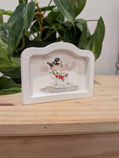 Mini Chickadee Bird Art Print - Wood Arch Frame - Lora Cavallin Art