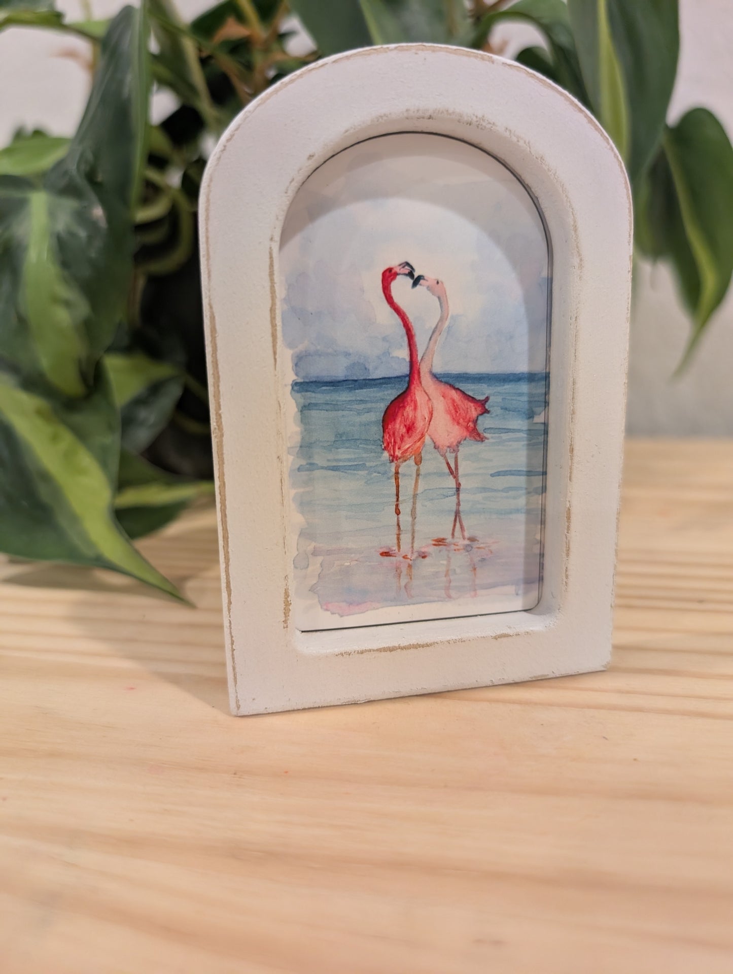 Mini Flamingos in Love Print - Wood Arch Frame - Lora Cavallin Art