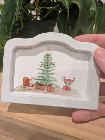 Mini Christmas Scene Cats and Presents Art Print - Wood Arch Frame - Lora Cavallin Art