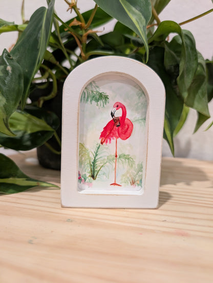 Mini Flamingo Drinking an Iced Drink Art Print - Wood Arch Frame - Lora Cavallin Art