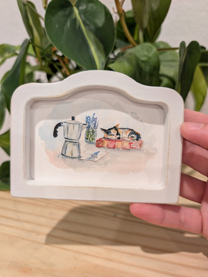Mini Cat and Coffee Art Print - Wood Arch Frame - Lora Cavallin Art
