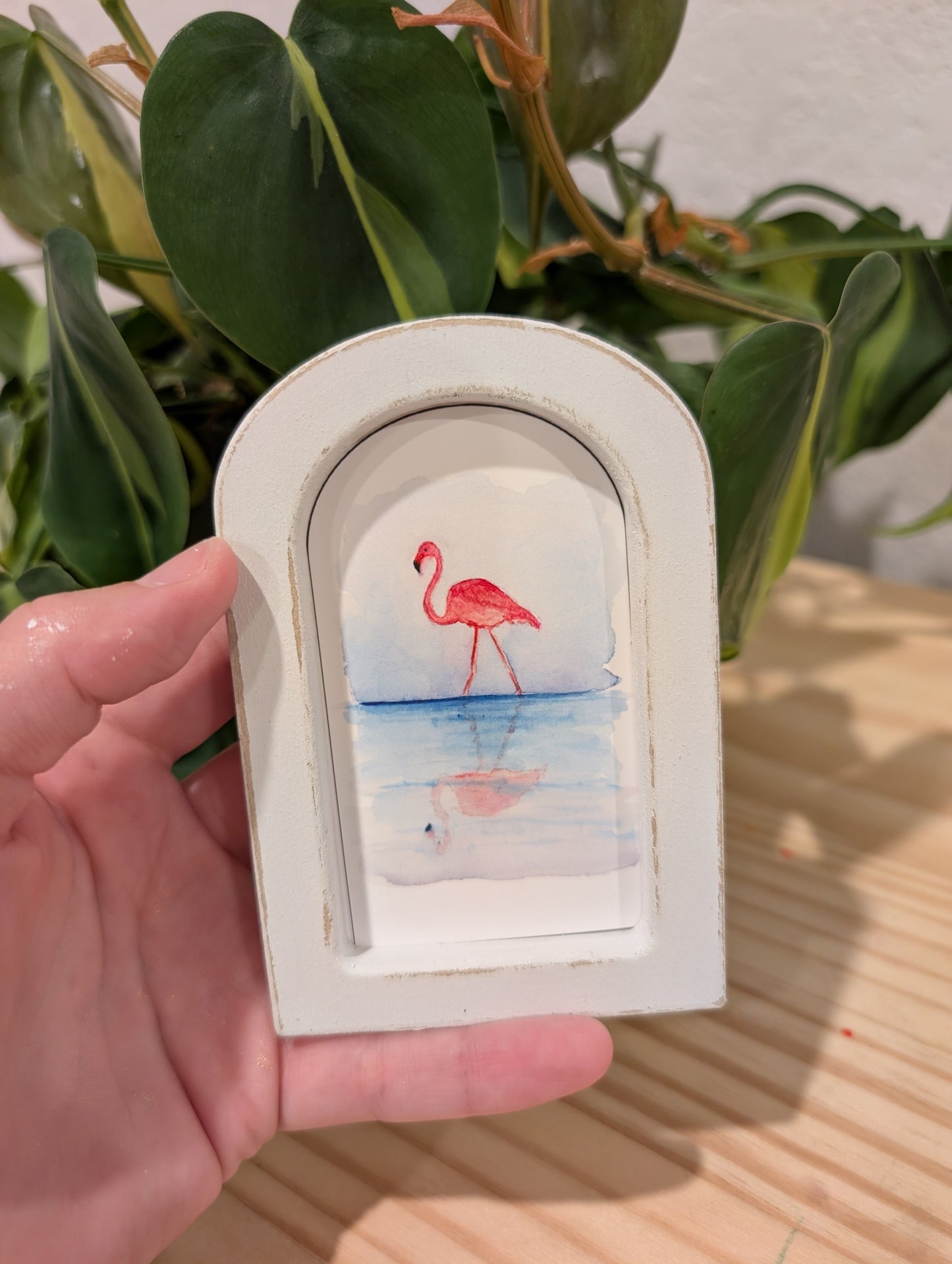 Mini Flamingo with Reflection Art Print - Wood Arch Frame - Lora Cavallin Art