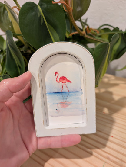 Mini Flamingo with Reflection Art Print - Wood Arch Frame - Lora Cavallin Art