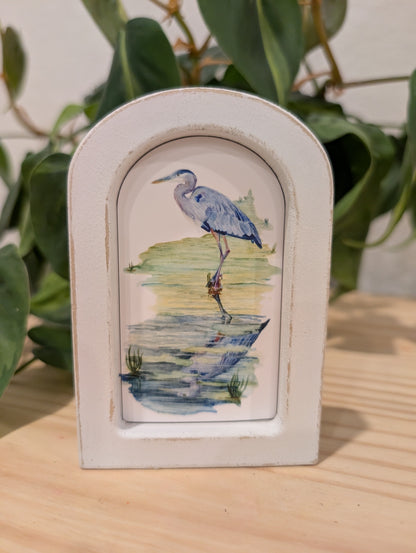 Mini Blue Heron in Creek Art Print - Wood Arch Frame - Lora Cavallin Art