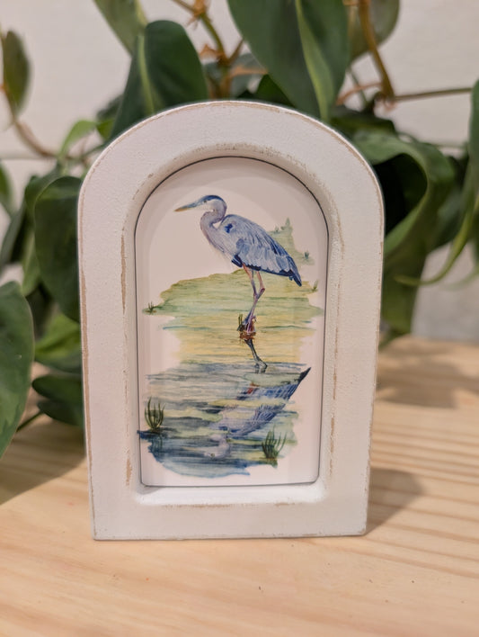 Mini Blue Heron in Creek Art Print - Wood Arch Frame - Lora Cavallin Art