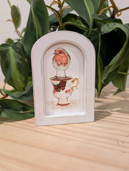 Mini Robin Bird on Teacup Art Print - Wood Arch Frame - Lora Cavallin Art