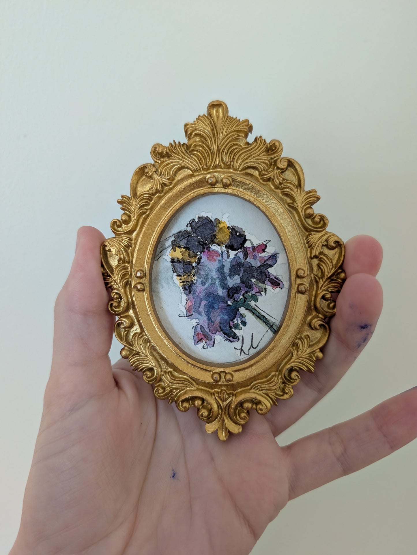 Mini Bee on Flower Painting - Original Watercolor Art by Lora Cavallin
