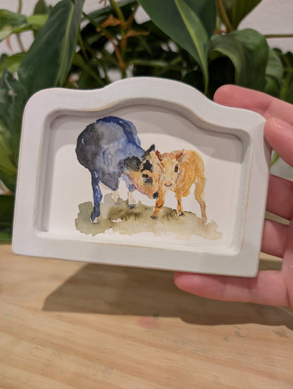 Mini Mama and Baby Cow Art Print - Wood Arch Frame - Lora Cavallin Art