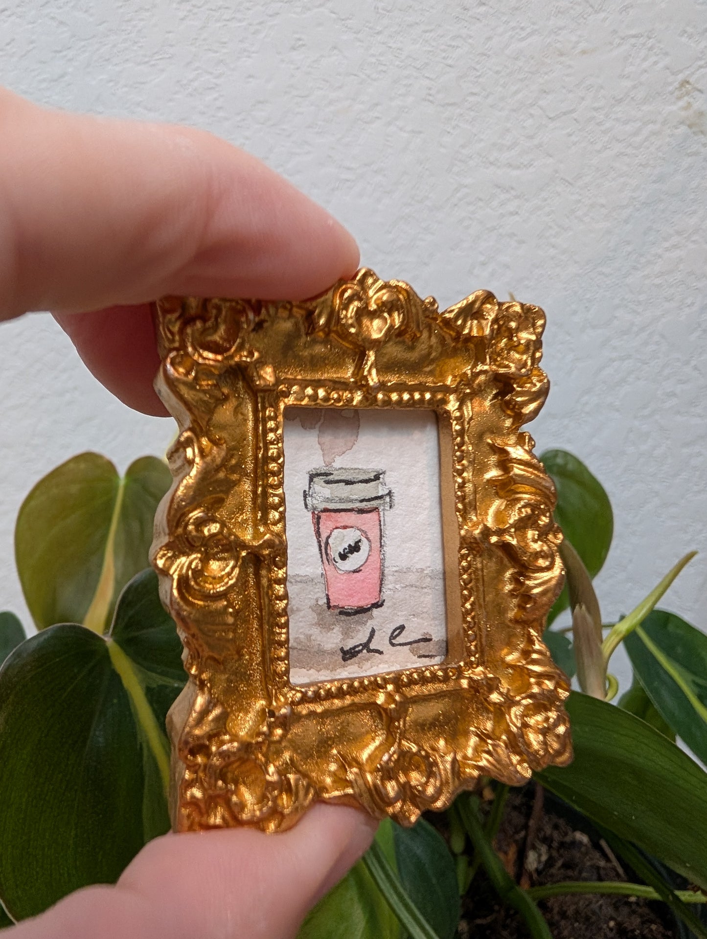 Mini Pink Coffee Cup Painting - Original Watercolor Art by Lora Cavallin
