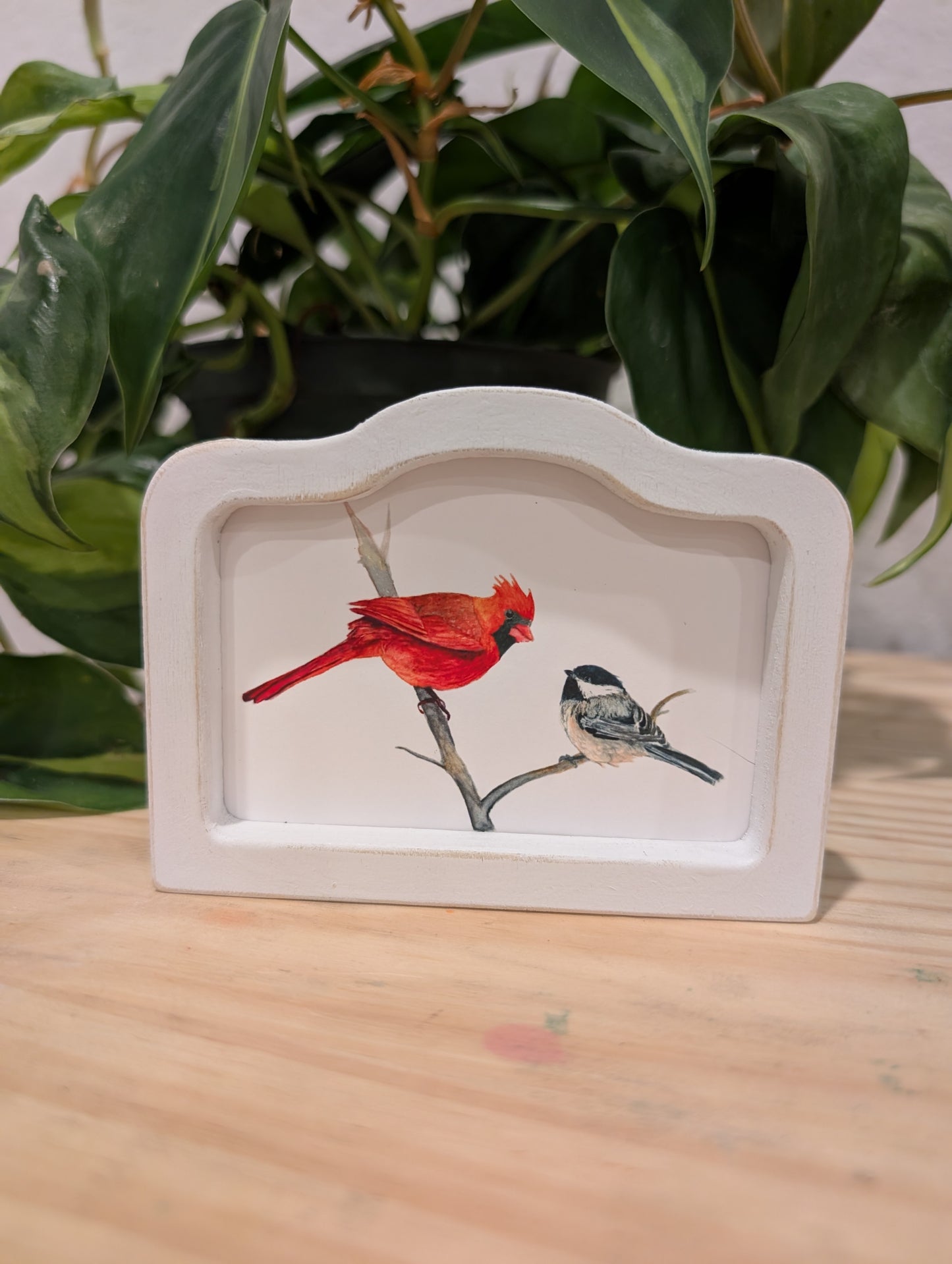 Mini Cardinal Bird and Chickadee Bird Art Print - Wood Arch Frame - Lora Cavallin Art