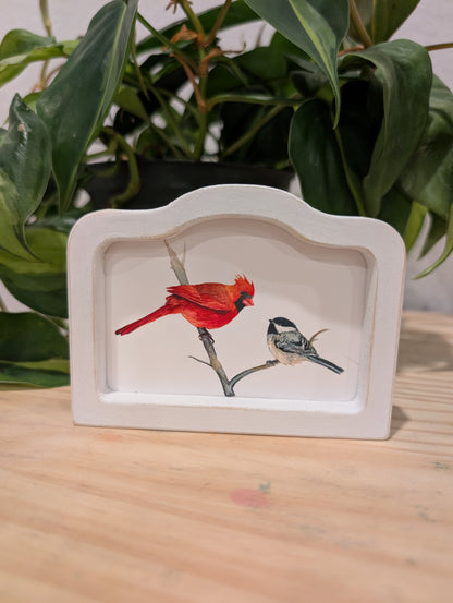 Mini Cardinal Bird and Chickadee Bird Art Print - Wood Arch Frame - Lora Cavallin Art
