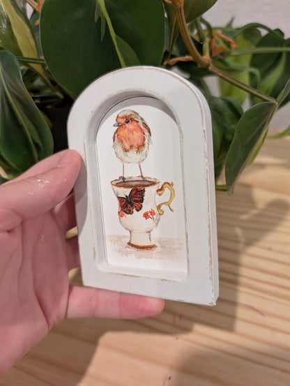 Mini Robin Bird on Teacup Art Print - Wood Arch Frame - Lora Cavallin Art