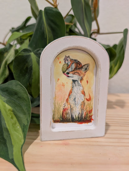 Mini Fox and Squirrel Art Print - Wood Arch Frame - Lora Cavallin Art
