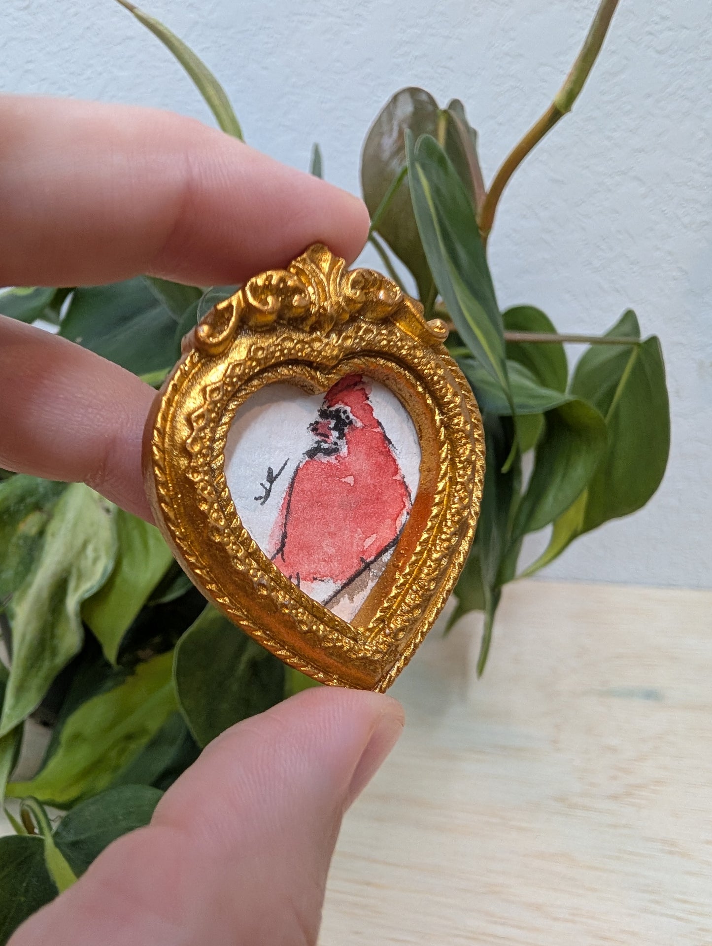 Mini Cardinal Bird Painting - Original Watercolor Art by Lora Cavallin