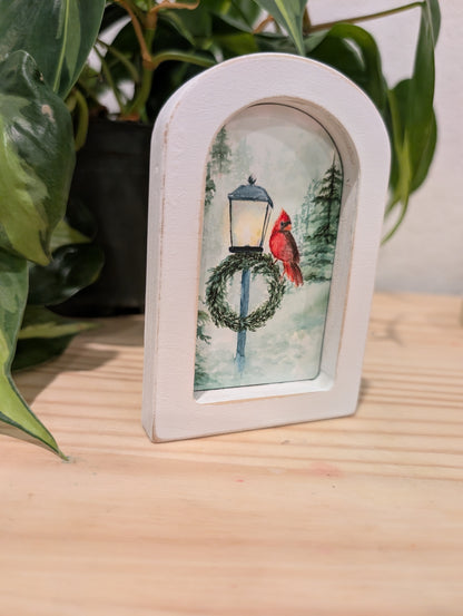 Mini Cardinal Bird on Lamppost Art Print - Wood Arch Frame - Lora Cavallin Art