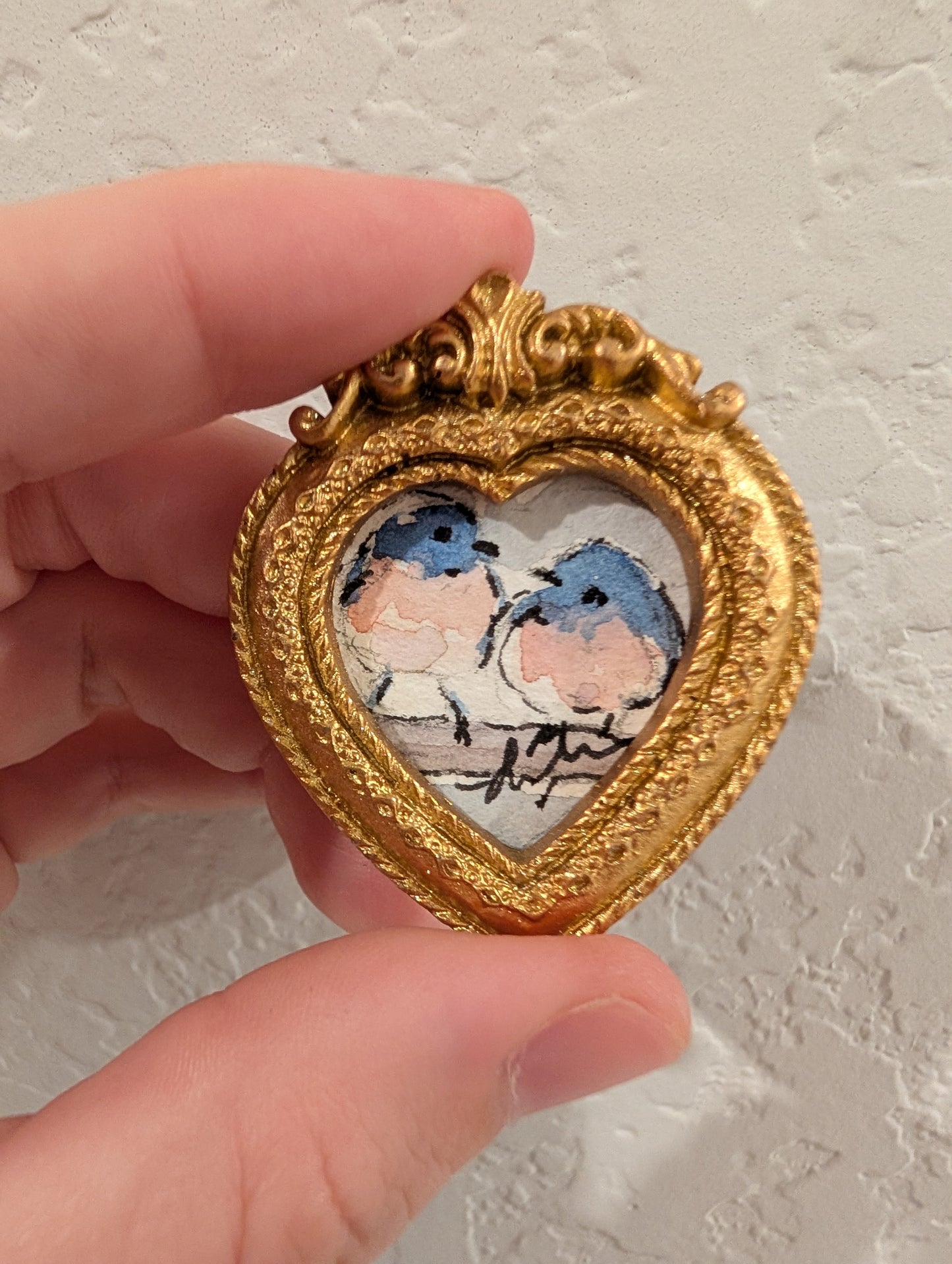 Mini Bluebirds in Love Painting - Original Watercolor Art by Lora Cavallin